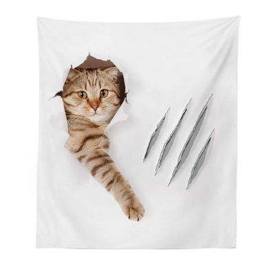 Lunarable Animal Tapestry, Funny Cat in Hole with Claw Scratches Playful Kitten Pet Picture, Fabric Wall Hanging Decor for Bedroom Living Room Dorm, 23" X 28", White Brown
