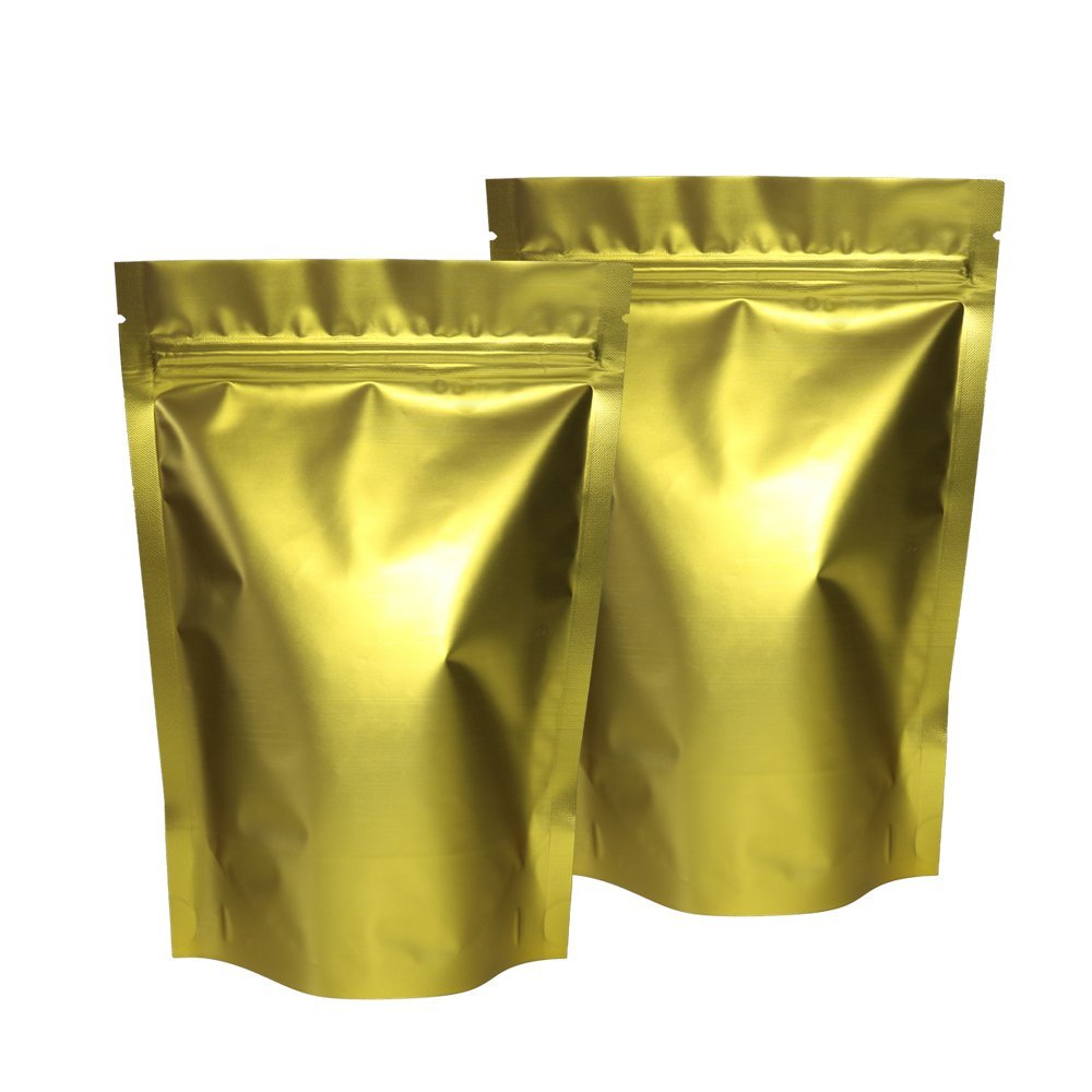 QQ Studio Pack of 100 Matte/Glossy Color Stand-Up Foil Resealable Zipper Pouches (3.3" x 5.1", Matte Gold)