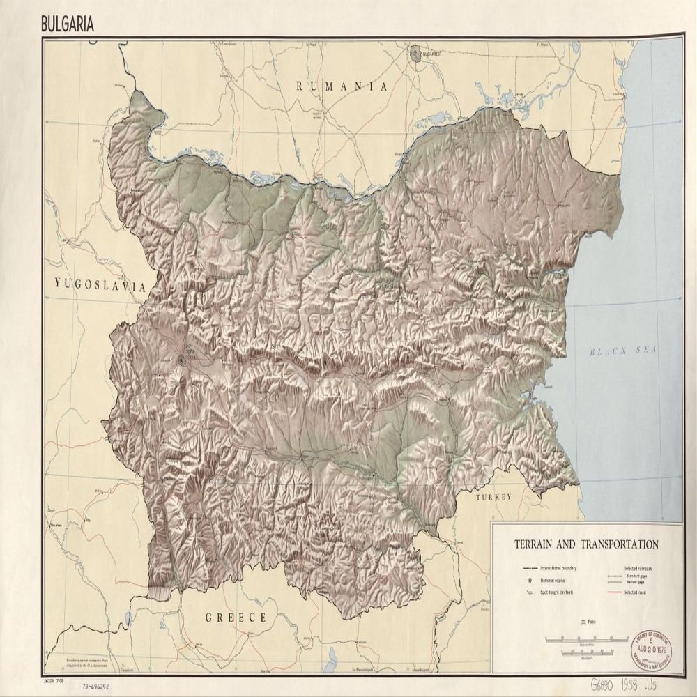 16" x 24" 1958 Map Of Bulgaria Terrains & Transportations