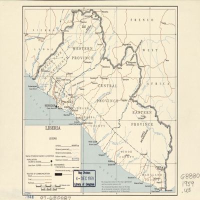 18" x 24" 1959 Map Of Liberia Roads Trails