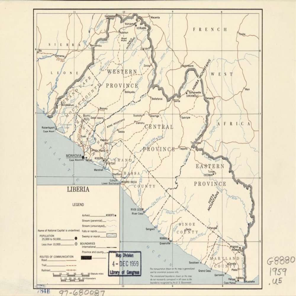 18" x 24" 1959 Map Of Liberia Roads Trails