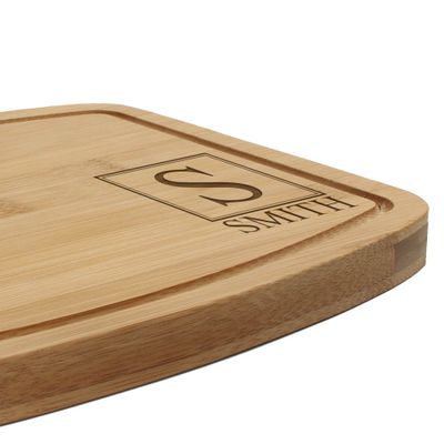 BambooMN Custom Laser Engraved Bamboo Cutting Board - Initial Block Light - 1 Piece - 11.75" x 8.63" x 0.4" (Grooved w/hole)