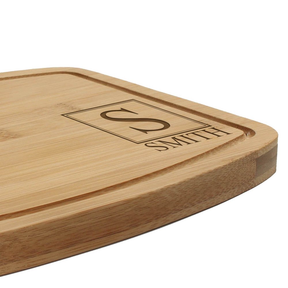 BambooMN Custom Laser Engraved Bamboo Cutting Board - Initial Block Light - 1 Piece - 11.75" x 8.63" x 0.4" (Grooved w/hole)