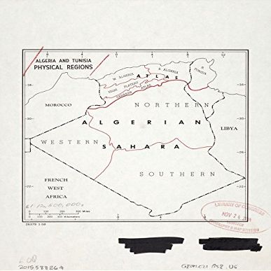 18" x 24" 1958 Map Of Algeria & Tunisia Physical Regions