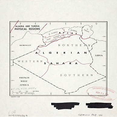 18" x 24" 1958 Map Of Algeria & Tunisia Physical Regions