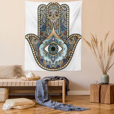 Lunarable Hamsa Tapestry, Eye in Hand with Vintage Bohemian Patterns on White Background, Fabric Wall Hanging Decor for Bedroom Living Room Dorm, 23" X 28", Dark Cream