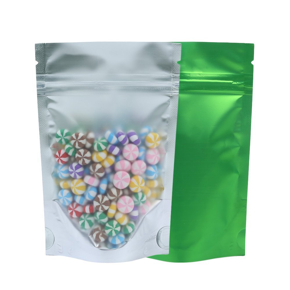 QQ Studio Pack of 100 Translucent/Silver/Color Stand-Up Resealable Zipper Pouch (3.9" x 5.9", Matte Green)