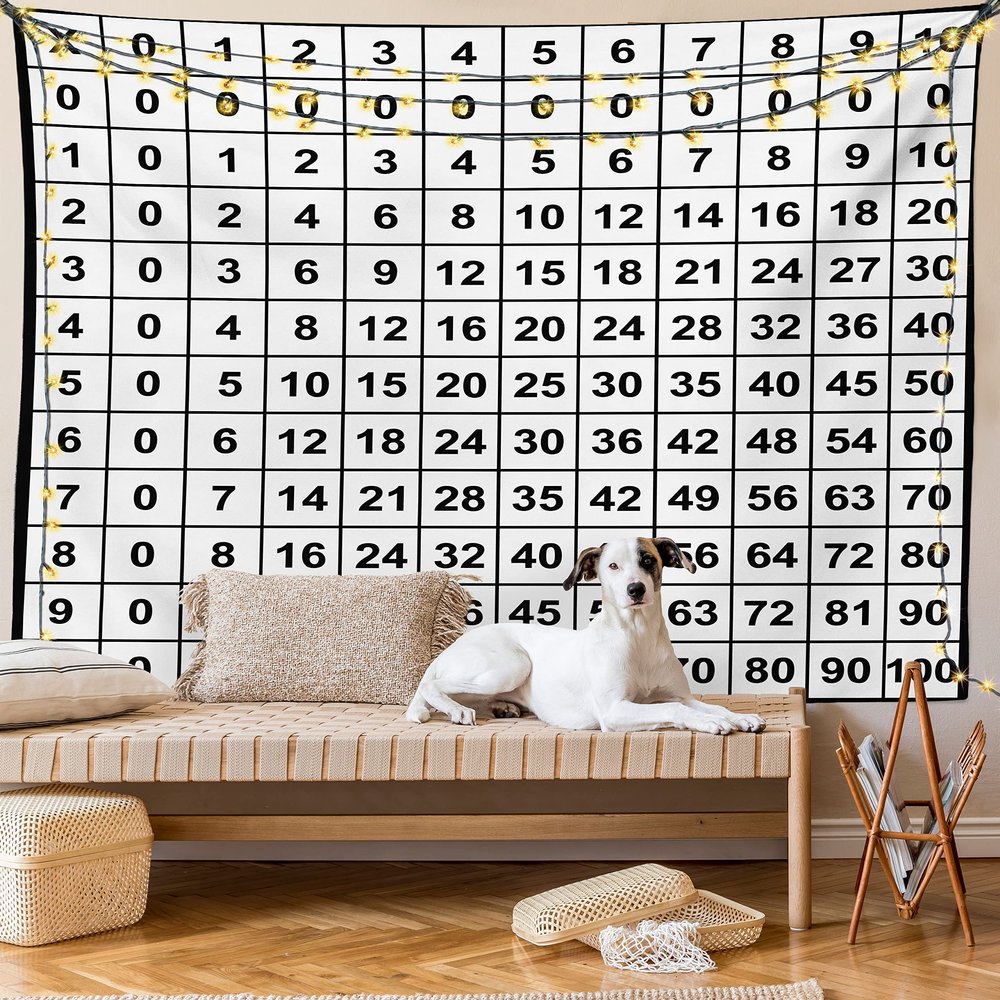 Lunarable Mathematics Room Tapestry, Multiplication Table in Black and White Learning, Fabric Wall Hanging Decor for Bedroom Living Room Dorm, 45" X 30", Black White