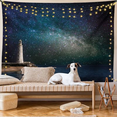 Lunarable Night Sky Tapestry King Size, Ocean Sea Scenery Lighthouse Romantic Nebula Cosmos Big Stars View Image, Wall Hanging Bedspread Bed Cover Wall Decor, King Size, White Blue