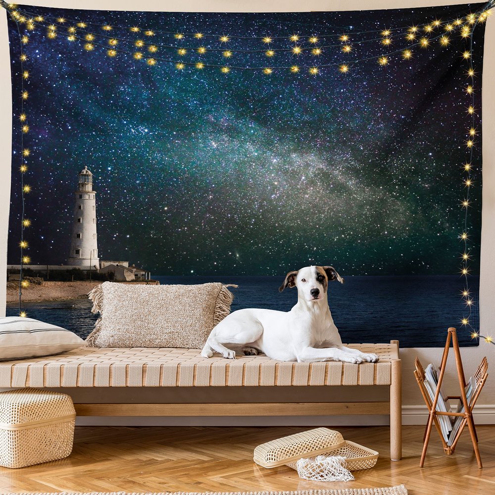 Lunarable Night Sky Tapestry King Size, Ocean Sea Scenery Lighthouse Romantic Nebula Cosmos Big Stars View Image, Wall Hanging Bedspread Bed Cover Wall Decor, King Size, White Blue