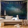 Lunarable Night Sky Tapestry King Size, Ocean Sea Scenery Lighthouse Romantic Nebula Cosmos Big Stars View Image, Wall Hanging Bedspread Bed Cover Wall Decor, King Size, White Blue view 1