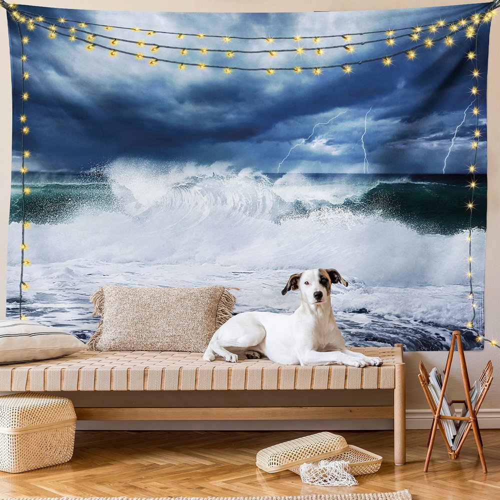 Lunarable Wave Tapestry King Size, Thunderstorm and Lightning on Beach Cloudy Rainy Sky Powerful Tide Cold Dramatic, Wall Hanging Bedspread Bed Cover Wall Decor, King Size, Blue White