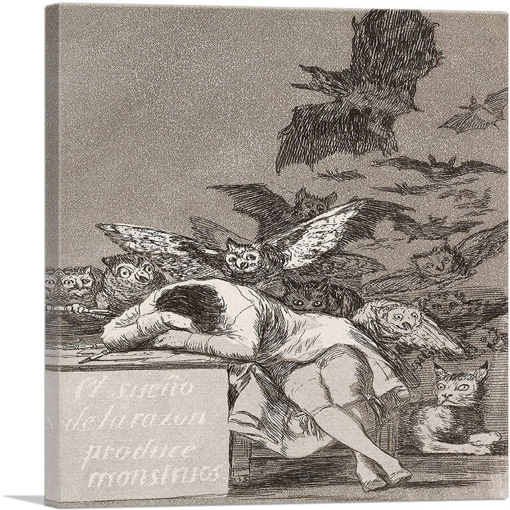 ARTCANVAS The Sleep of Reason Produces Monsters 1799 Canvas Art Print Stretched Framed Painting Picture Poster Giclee Wall Decor by Francisco De Goya - 40" x 26" (0.75" Deep)