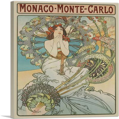 ARTCANVAS Monaco Monte-Carlo Canvas Art Print Stretched Framed Painting Picture Poster Giclee Wall Decor by Alphonse Mucha - 40" x 26" (0.75" Deep)