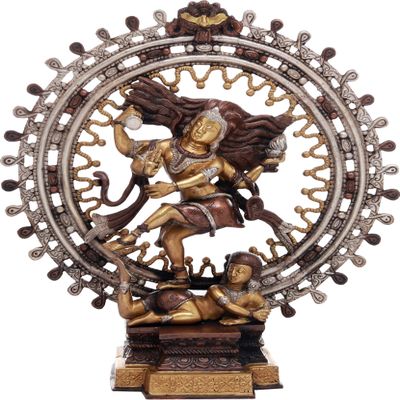 Exotic India Shiva as Nataraja - Brass Sculpture - Color Alluring Silver Brown Gold Color