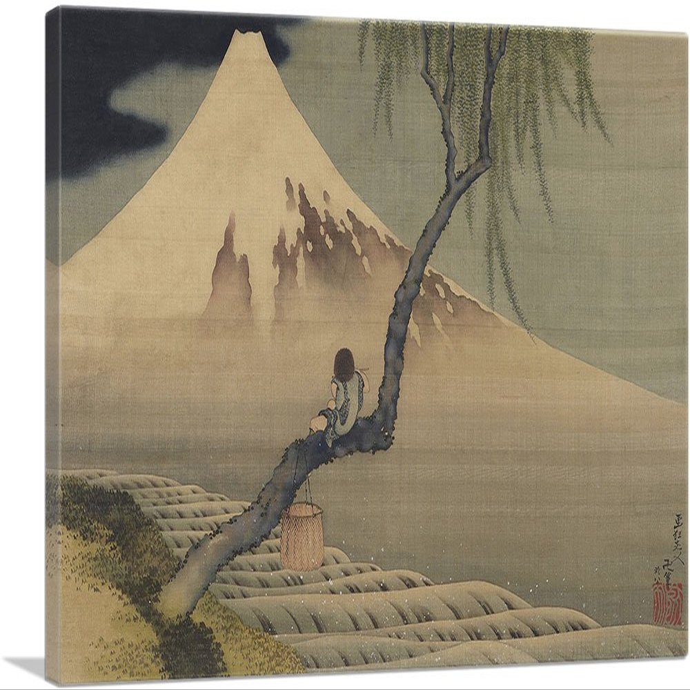 ARTCANVAS Boy Viewing Mount Fuji 1839 Canvas Art Print Stretched Framed Painting Picture Poster Giclee Wall Decor by Katsushika Hokusai - 40" x 26" (0.75" Deep)