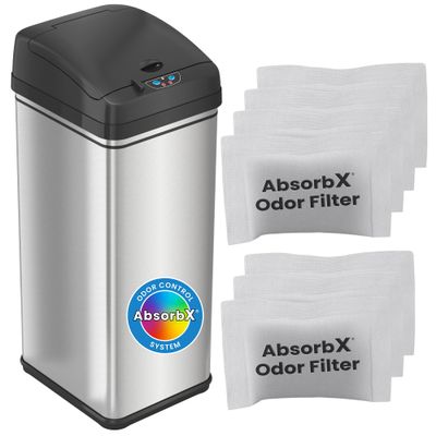 iTouchless 13 Gallon Automatic Trash Can with Odor Control System, 7 Odor Filters Included, Stainless Steel, Big Lid Opening Touchless Sensor Kitchen Garbage Bin