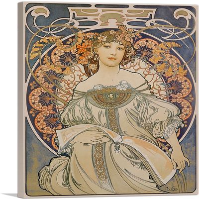 ARTCANVAS Champenois Imprimeur-Editeur - Blue 1897 Canvas Art Print Stretched Framed Painting Picture Poster Giclee Wall Decor by Alphonse Mucha - 40" x 26" (0.75" Deep)