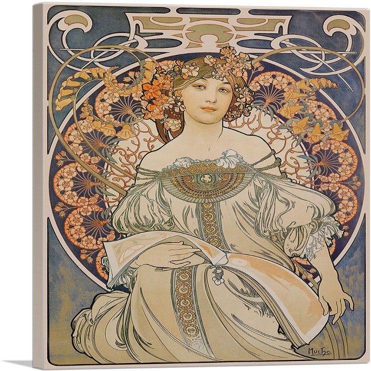 ARTCANVAS Champenois Imprimeur-Editeur - Blue 1897 Canvas Art Print Stretched Framed Painting Picture Poster Giclee Wall Decor by Alphonse Mucha - 40" x 26" (0.75" Deep)