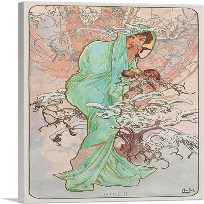 ARTCANVAS Winter 1896 Canvas Art Print Stretched Framed Painting Picture Poster Giclee Wall Decor by Alphonse Mucha - 40" x 26" (0.75" Deep)
