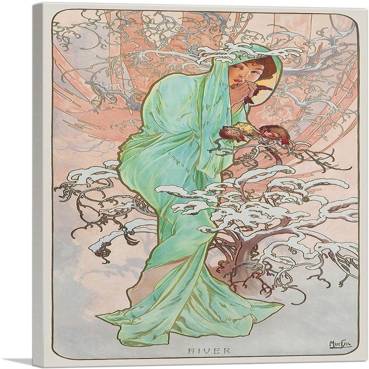 ARTCANVAS Winter 1896 Canvas Art Print Stretched Framed Painting Picture Poster Giclee Wall Decor by Alphonse Mucha - 40" x 26" (0.75" Deep)