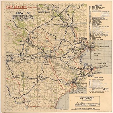 18" x 24" 1944 Administrative Map Of Area K Operation Overlord South Western Zone
