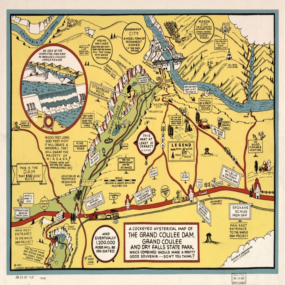18" x 24" 1937 Map Of Grand Coulee Dam & Dry Falls State Park