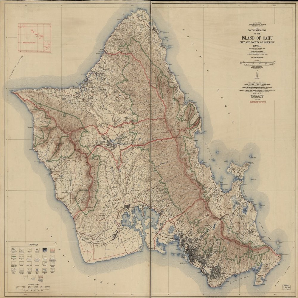 18" x 24" 1938 Topographic Map Of The Island Of Oahu City & Honolulu County Hawaii