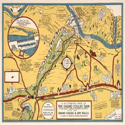 18" x 24" 1935 Map Of Grand Coulee Dam & Dry Falls A Land Of Game & Scenic Splendor