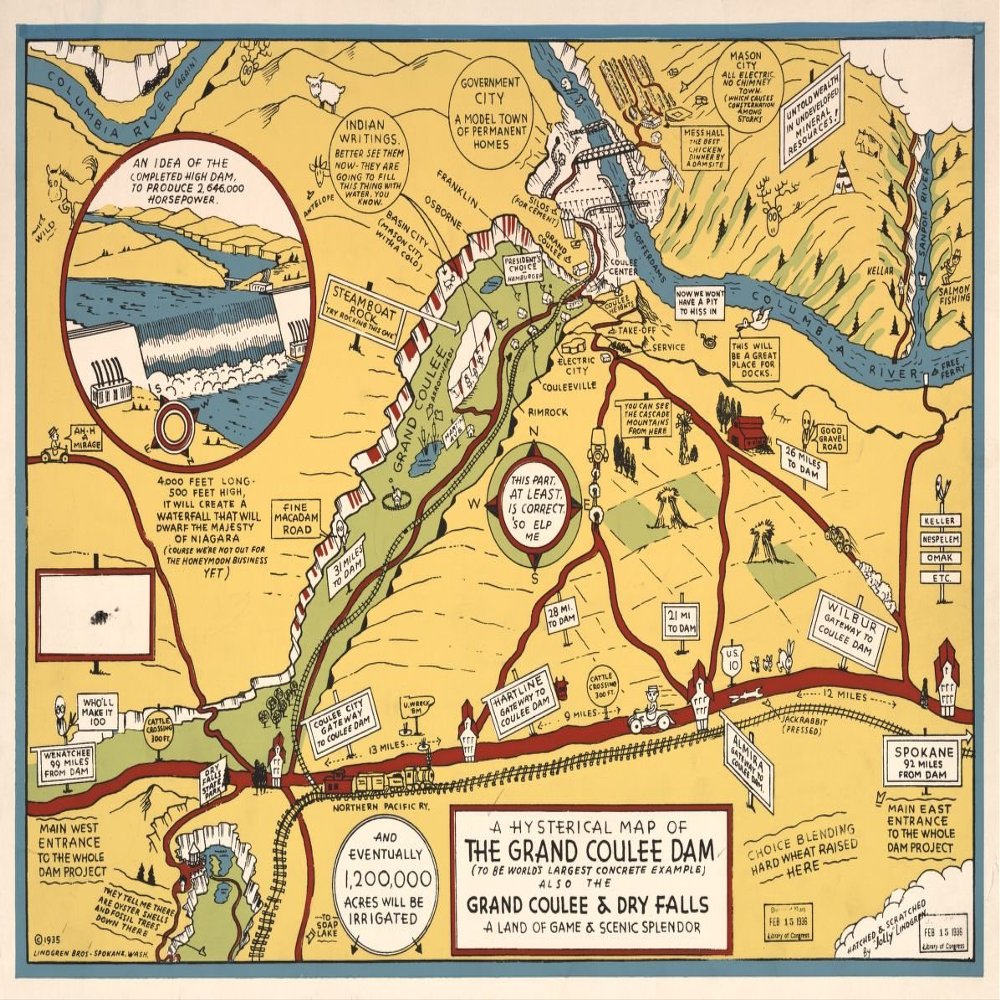 18" x 24" 1935 Map Of Grand Coulee Dam & Dry Falls A Land Of Game & Scenic Splendor