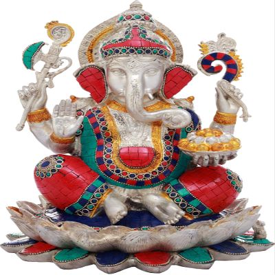 Exotic India Lord Ganesha Seated on Lotus - Brass Statue with Inlay Work