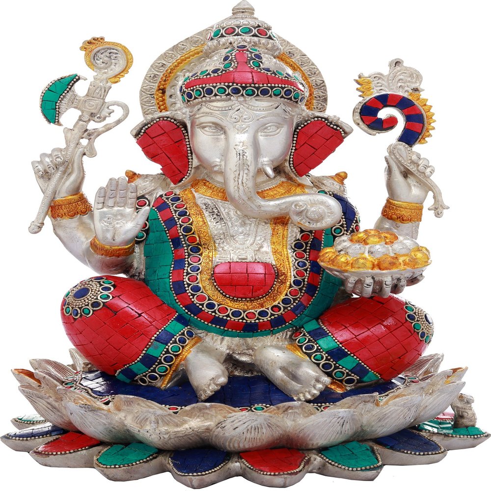 Exotic India Lord Ganesha Seated on Lotus - Brass Statue with Inlay Work