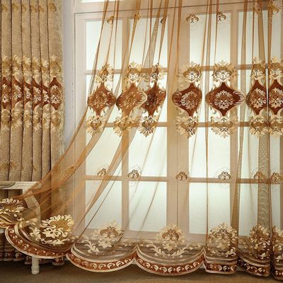 pureaqu Elegant European Style Sheer Curtain Panels for Bedroom/Living Room Embroidered Coffee Brown Floral Semi Sheer Voile Drapes Fabric Window Treatment Rod Pocket 1 Panel W52 x H96 Inch