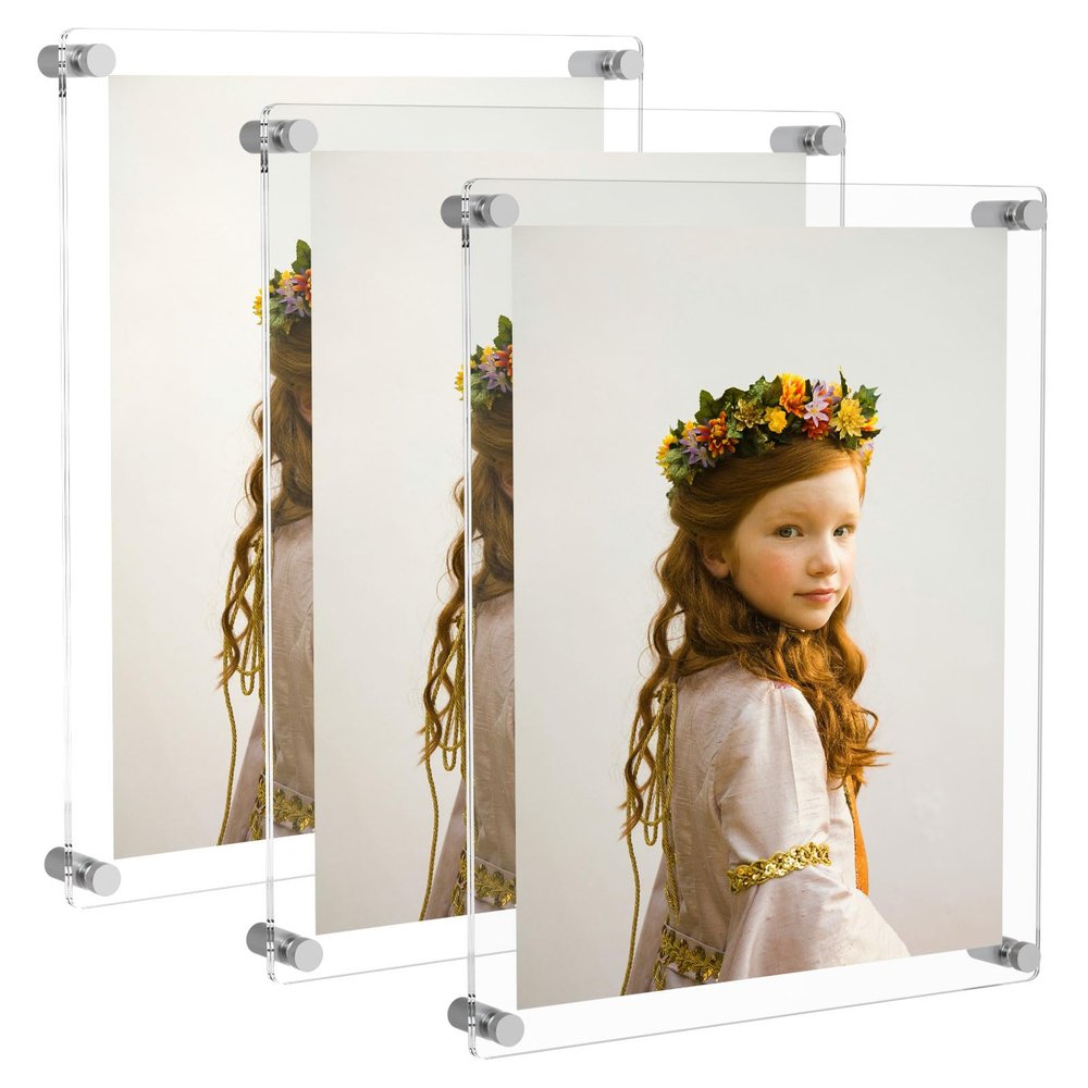 NIUBEE 11x14 Clear Acrylic Wall Mount Floating Frameless Picture Frame for Degree Certificate Photo Frames-Double Panel(Full Frame is 13x16 inch) - 3 Pack