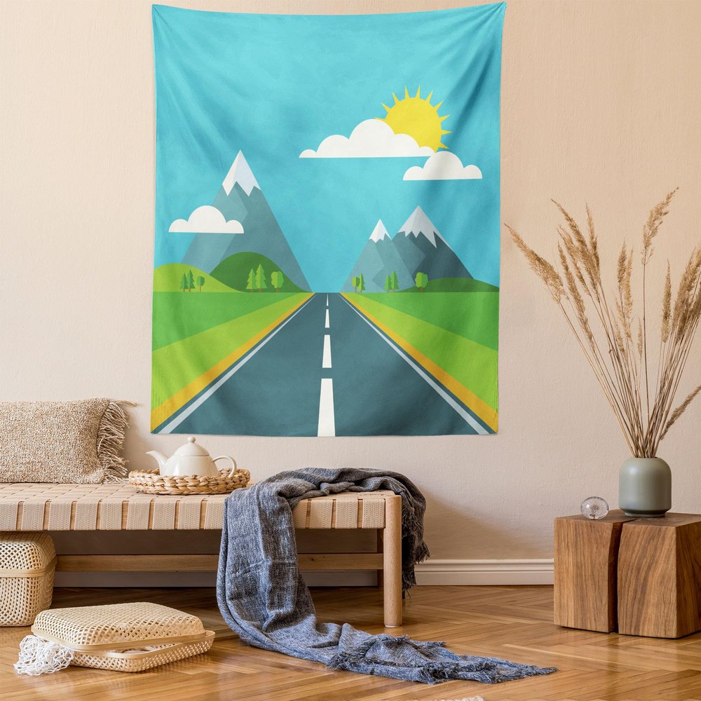 Lunarable Road Trip Tapestry, Straight Road in a Green Valley with Mountain Hills and Sun on The Sky Backdrop, Fabric Wall Hanging Decor for Bedroom Living Room Dorm, 30" X 45", Pale Blue