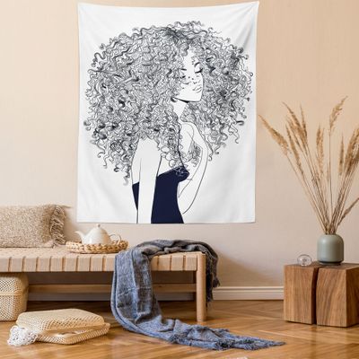 Lunarable Curly Hair Tapestry, Curly Hair Young Girl with Freckles in Party Dress Teen Feminine Print, Fabric Wall Hanging Decor for Bedroom Living Room Dorm, 23" X 28", Blue White