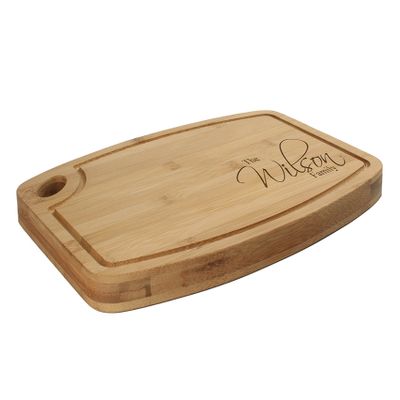 BambooMN Custom Laser Engraved Bamboo Cutting Board - Family Name Corner Engraving - 1 Piece - 11.75" x 8.63" x 0.4" (Grooved w/hole)