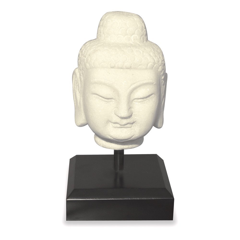 ChinaFurnitureOnline White Marble Enlightened Buddha Head Asian Sculpture with Black Wooden Stand