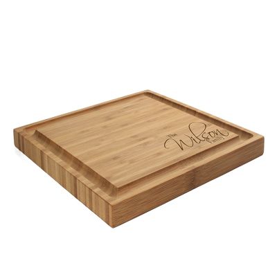 BambooMN Custom Laser Engraved Bamboo Cutting Board - Family Name Corner Engraving - 1 Piece - 11" x 11" x 0.75" (Grooved)