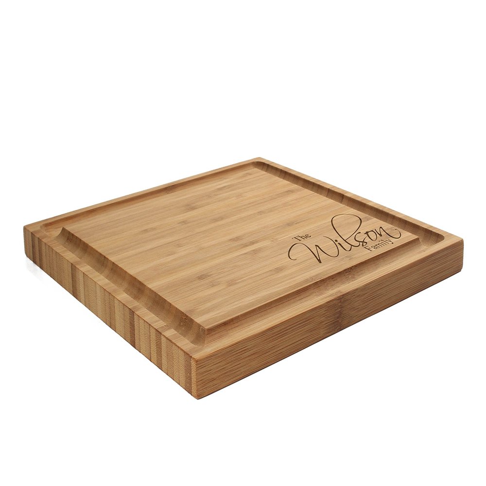 BambooMN Custom Laser Engraved Bamboo Cutting Board - Family Name Corner Engraving - 1 Piece - 11" x 11" x 0.75" (Grooved)