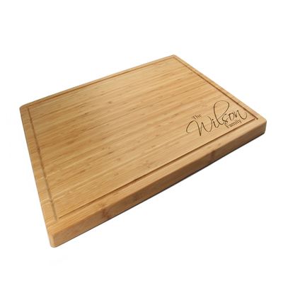 BambooMN Custom Laser Engraved Bamboo Cutting Board - Family Name Corner Engraving - 1 Piece - 24" x 17.25" x 1" (Grooved)