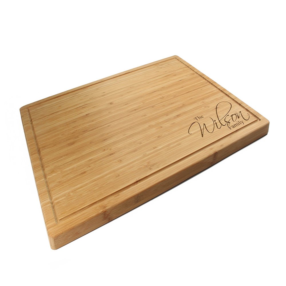 BambooMN Custom Laser Engraved Bamboo Cutting Board - Family Name Corner Engraving - 1 Piece - 24" x 17.25" x 1" (Grooved)