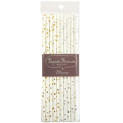 Okato Metallic Gold Star Straws, Silver Star, 0.2 x 7.7 inches (0.6 x 19.5 cm), Paper Straws, Pack of 20