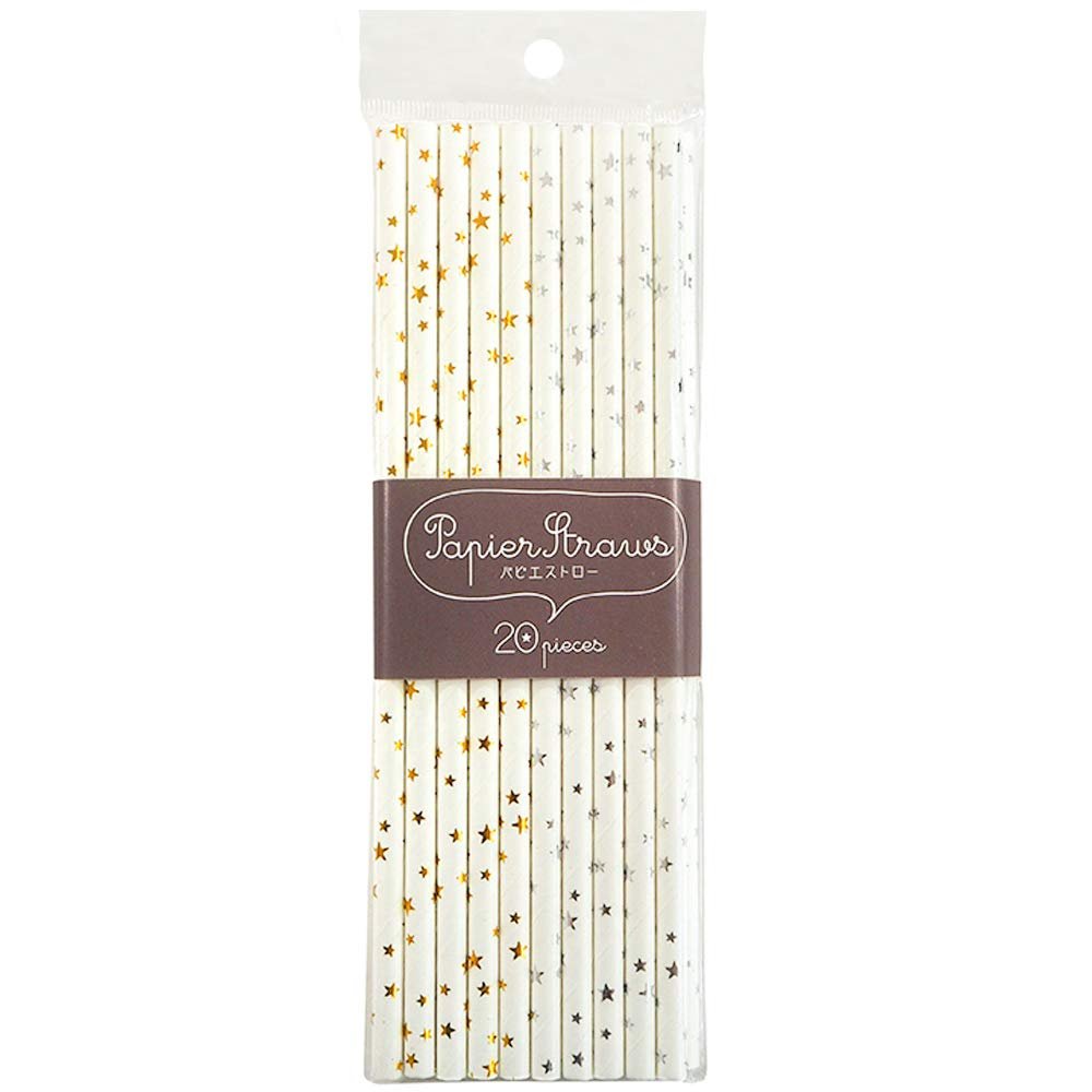 Okato Metallic Gold Star Straws, Silver Star, 0.2 x 7.7 inches (0.6 x 19.5 cm), Paper Straws, Pack of 20