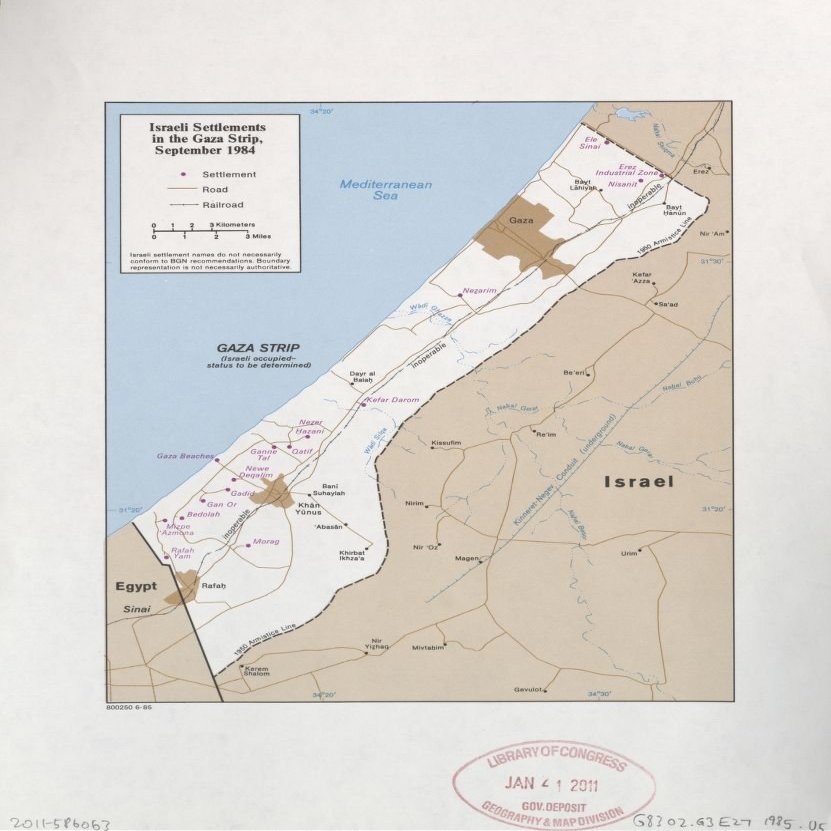 18" x 24" 1985 Map Of Israel Settlements In The Gaza Strip