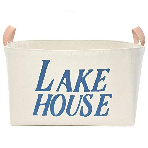 A Southern Bucket Lake House Canvas Storage Bin with Veg Leather Handles (Indigo Blue)