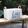 A Southern Bucket Lake House Canvas Storage Bin with Veg Leather Handles (Indigo Blue) view 4