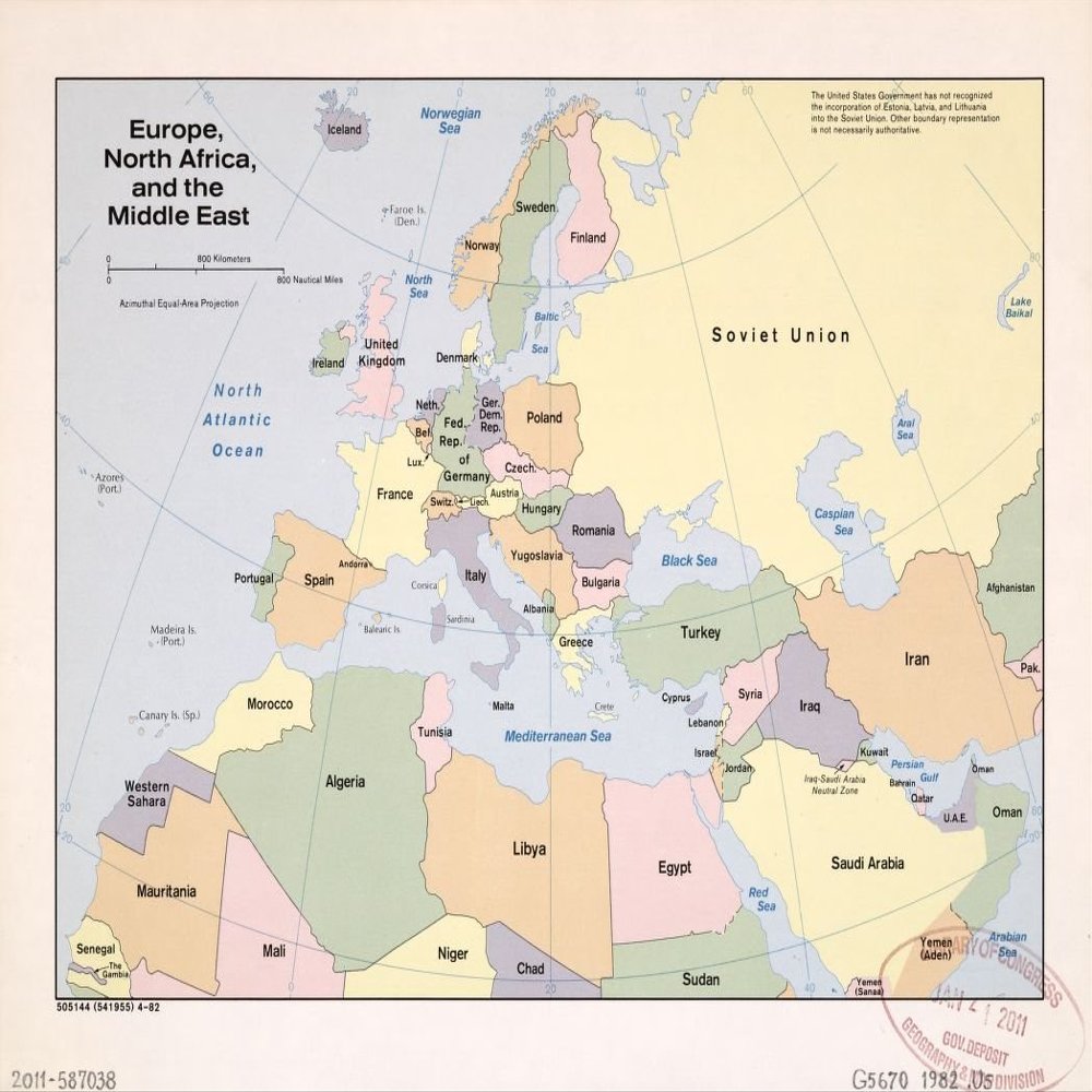18" x 24" 1982 Map Of Europe North Africa & The Middle East