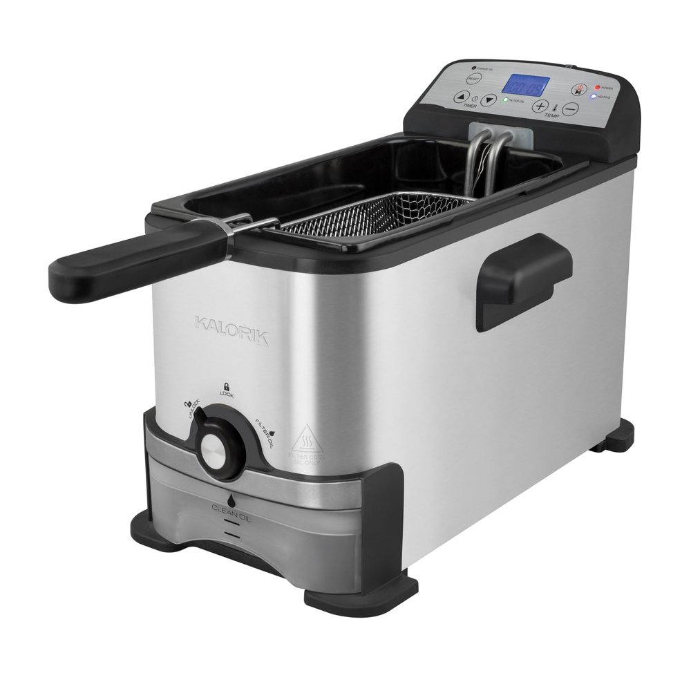 Kalorik Deep Fryer with Oil Filtration, 3.2-Quarts Featuring 30-Minute Timer with Basket and Dishwasher-Safe Lid with View Window and Adjustable Temperature Control, 1700-Watts, Silver