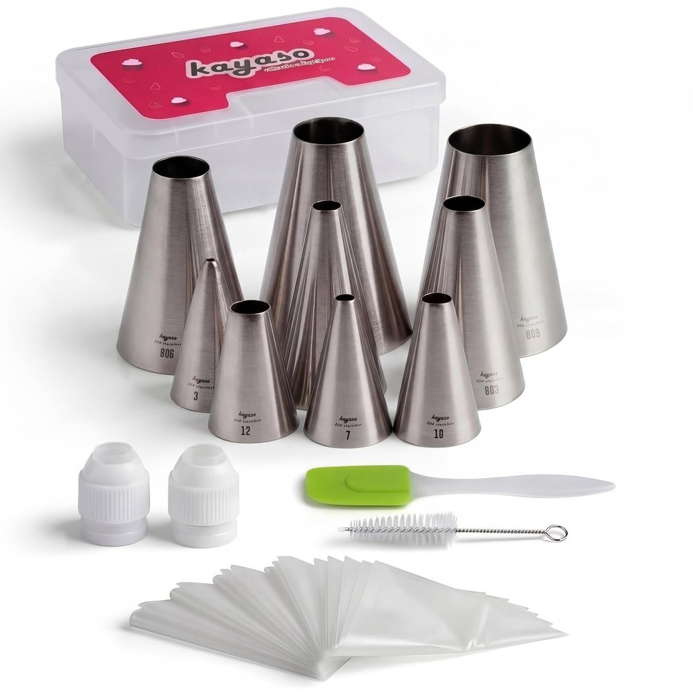 Kayaso Round Piping Tip Set 9 Stainless Steel Pastry Tips in Graduated Sizes with 20 Disposable Decorating Bags for Cupcakes, Cakes, Cookies, and Frosting Design